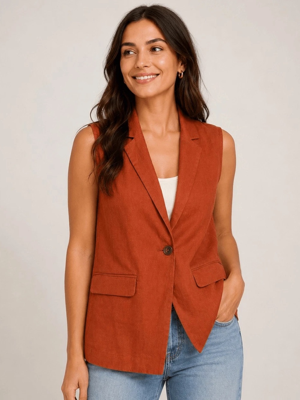 Evereve XS Terracotta Linen Blend Longline Vest Blazer Sleeveless Rust